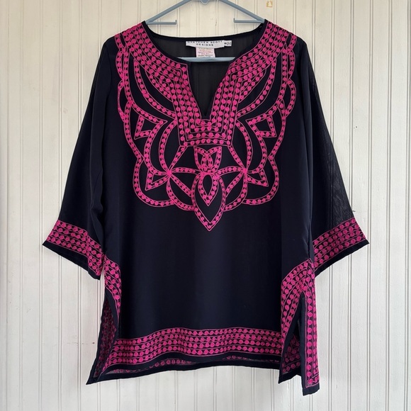 Gretchen Scott Designs Tops - Gretchen Scott Women's Navy Blue Pink Relaxed Fit Long sleeve Sheer Tunic SMALL